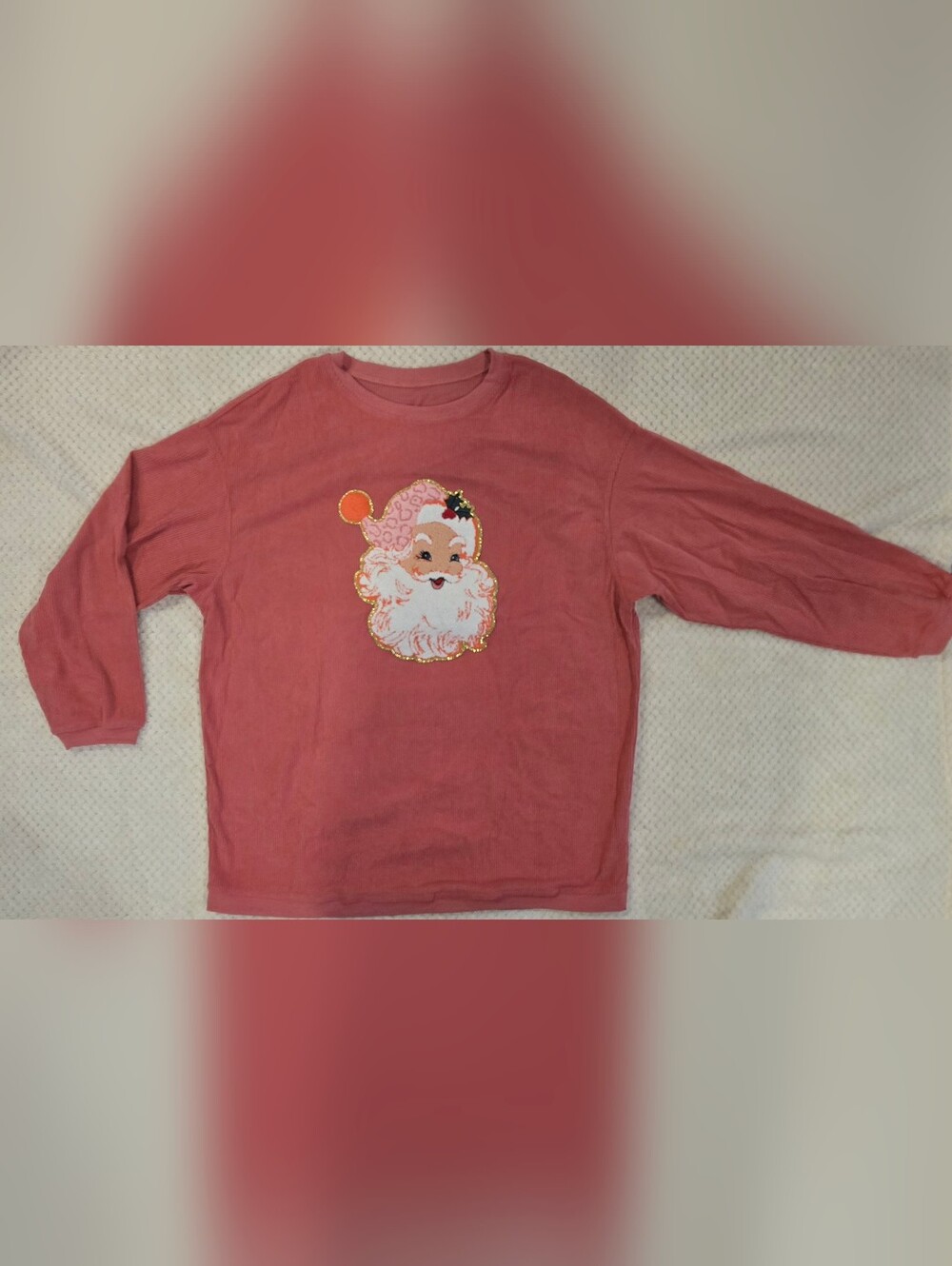 NWOT Pink Retro Santa Ribbed Christmas Top XL Glitter Applique Holiday Shirt